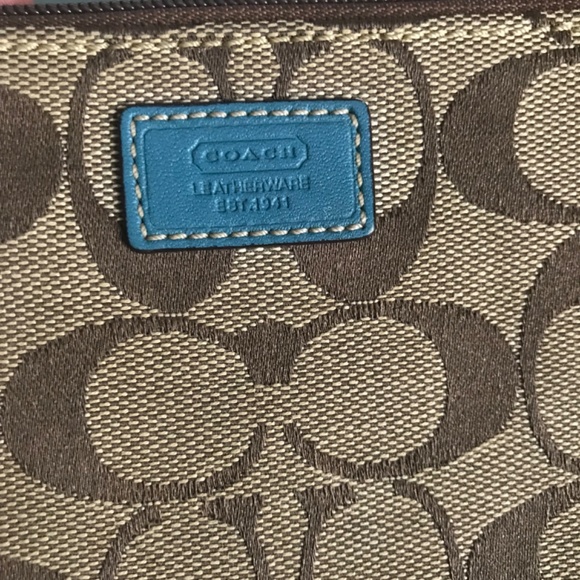 Coach Teal/Khaki Canvas Leather Wristlet Mini Pouch - Picture 8 of 16